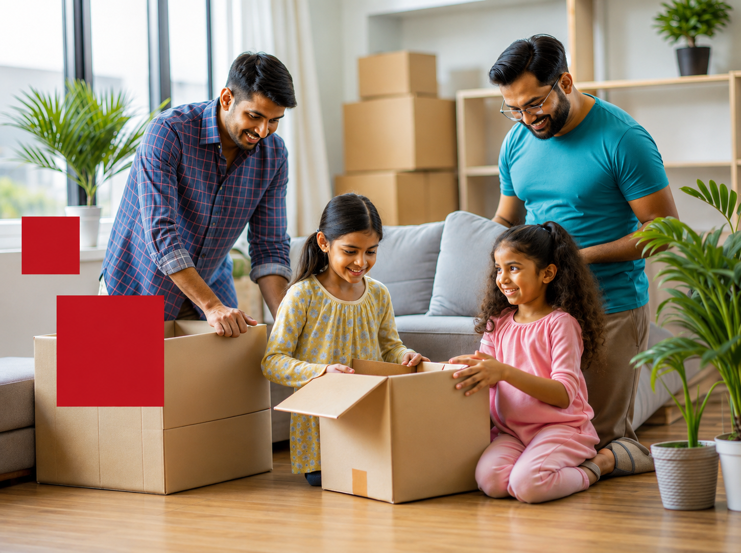 Family organising belongings and moving boxes for a Cardiff home removal